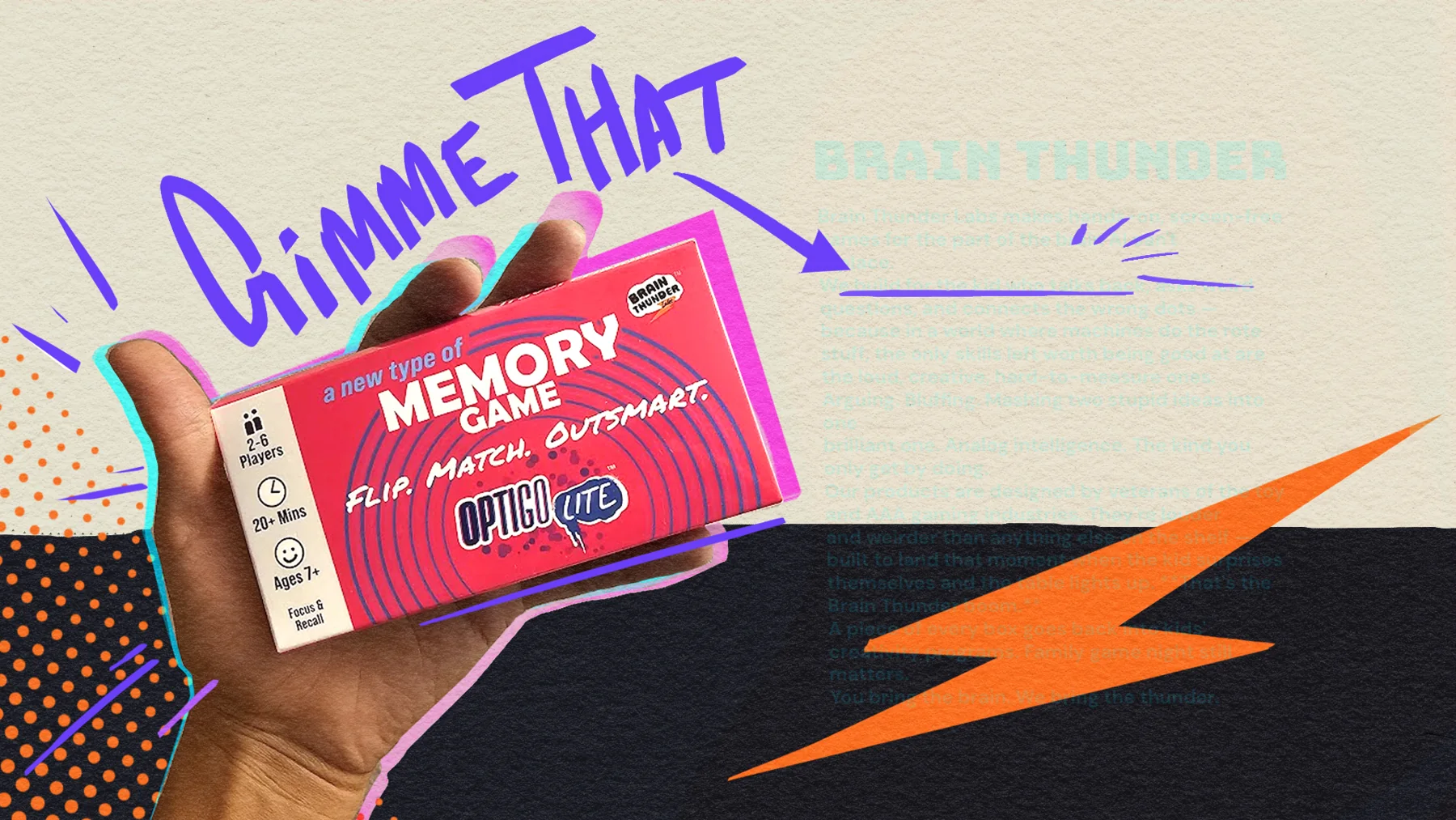 A hand holding the OPTIGO Lite memory game box — Brain Thunder makes hands-on, screen-free games for the part of the brain AI can't replace.